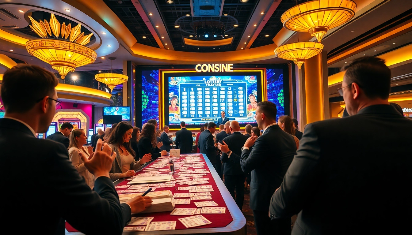 Xổ số hôm nay lottery excitement with bettors filling slips and a live draw display.