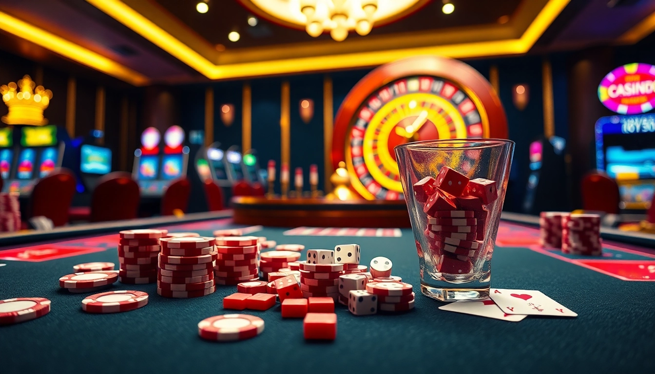 Experience the excitement of gambling at https://www.bdtk1.app/ with vibrant poker tables, chips, and a spinning roulette wheel.