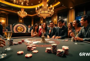 Experience thrilling gambling action at 6RWIN with players at an upscale poker table.