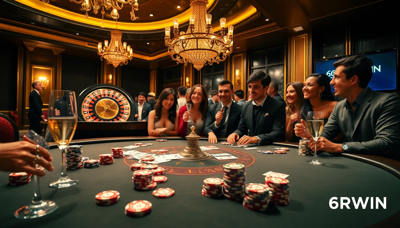 Experience thrilling gambling action at 6RWIN with players at an upscale poker table.