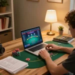 C168 online casino gaming setup showing a player engaged in poker strategy, surrounded by notes and betting books.