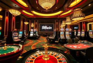 98win players enjoying the vibrant atmosphere of a luxury casino, filled with roulette and slot machines.