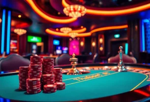 Engage with the thrilling atmosphere of Đăng nhập Thabet in a luxurious casino setting featuring poker tables and roulette.
