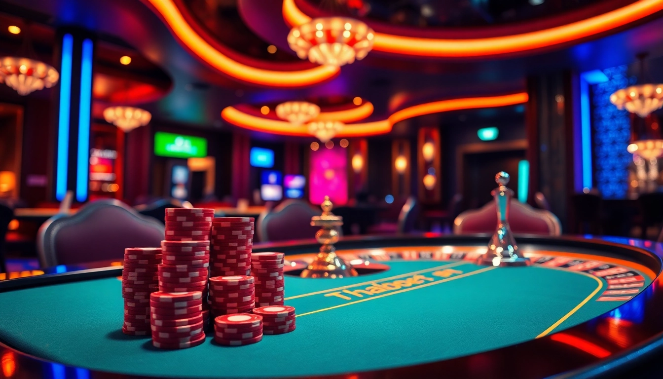 Engage with the thrilling atmosphere of Đăng nhập Thabet in a luxurious casino setting featuring poker tables and roulette.