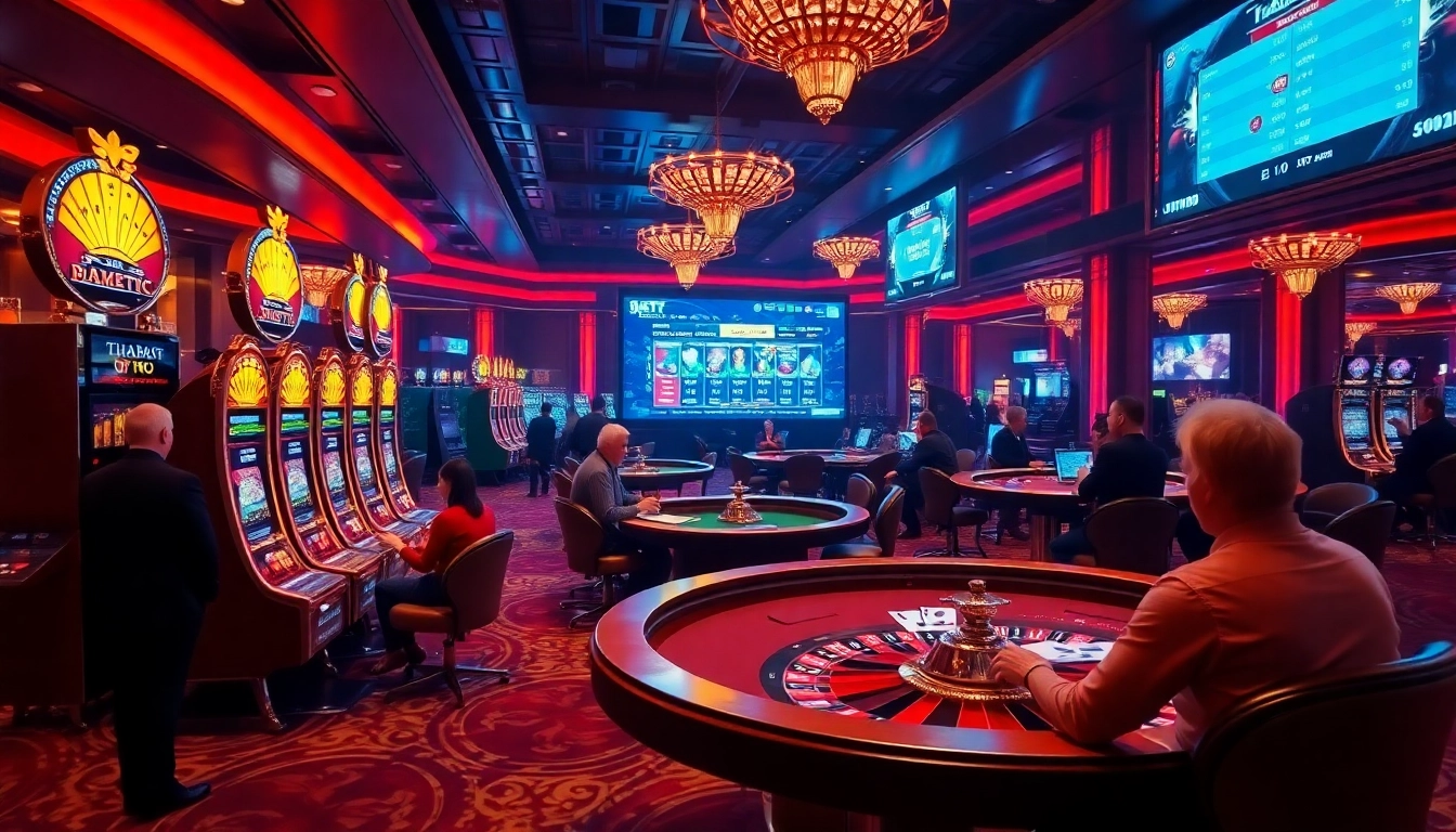 Players enjoying exciting games at THABET casino, featuring vibrant slots and poker tables.