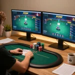 Player engaging in MM 88 poker game on multiple screens, highlighting strategic gameplay.