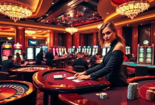 Players enjoying thrilling games at a luxurious casino, highlighted on https://mm88.report/ with poker chips and roulette.