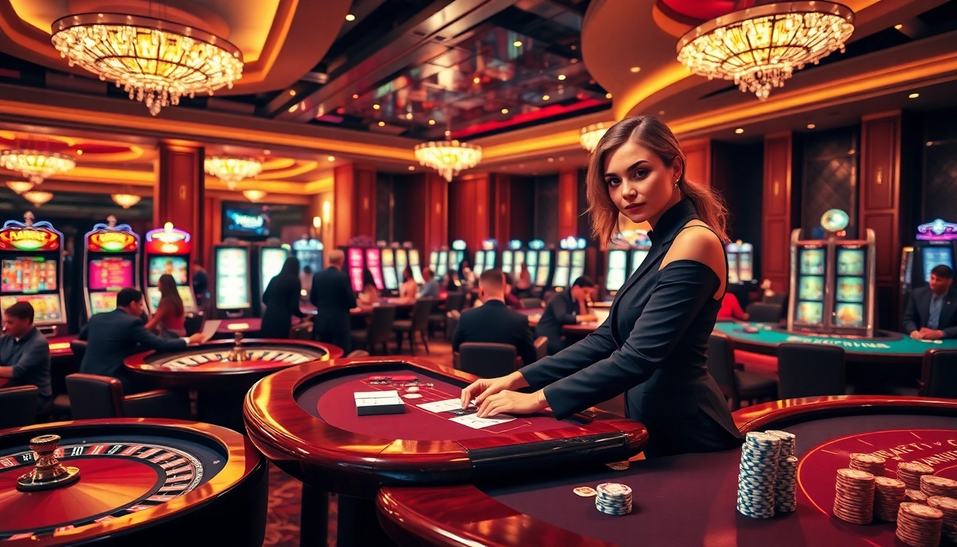 Players enjoying thrilling games at a luxurious casino, highlighted on https://mm88.report/ with poker chips and roulette.