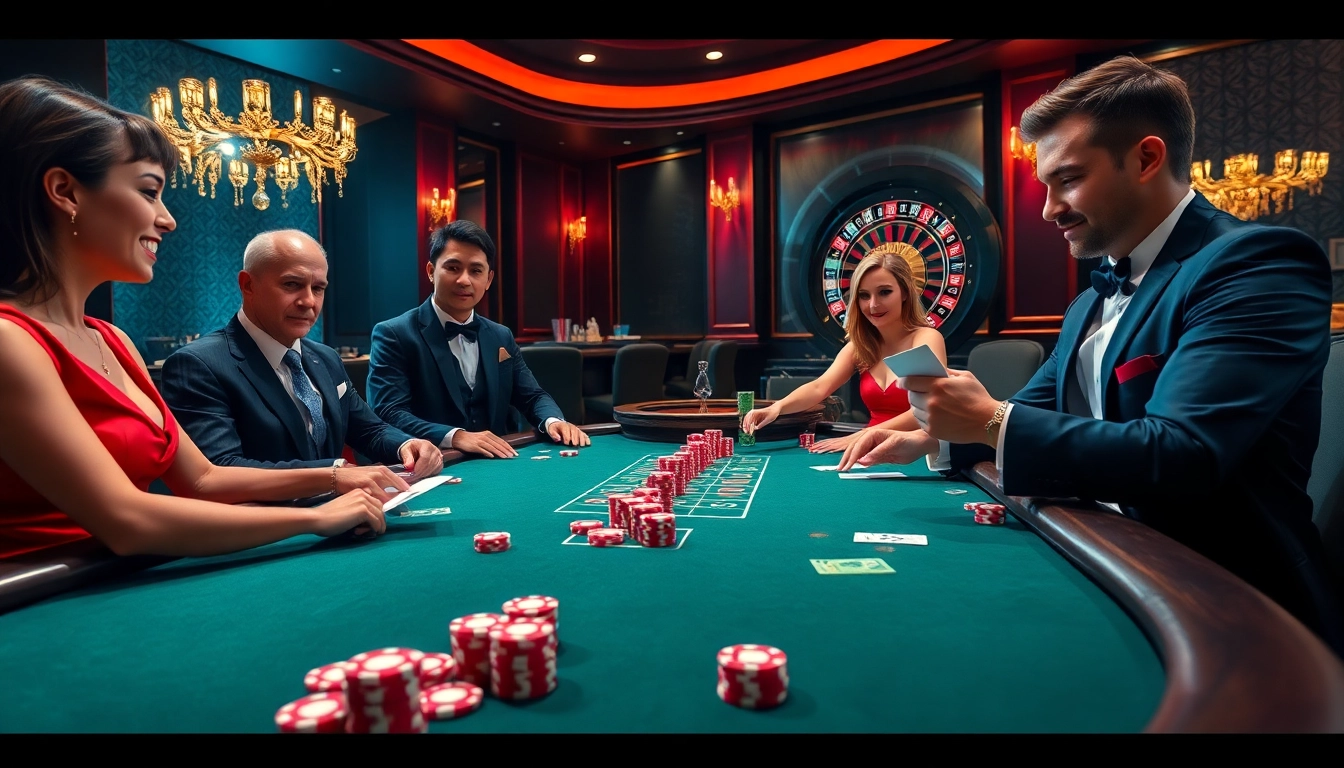 Players enjoying a high-stakes game at https://bem88.com casino table with vibrant chips and dynamic atmosphere.