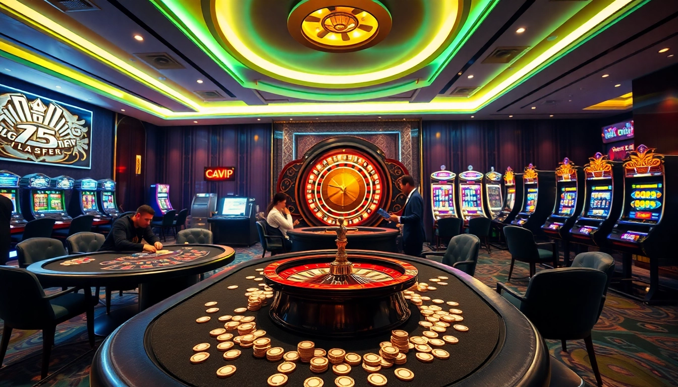 Exciting gambling scene featuring Nhà Cái 68VIP casino tables, poker players, and vibrant slots.