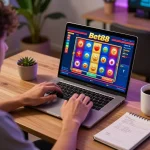 Engaged player using Bet88 online casino platform on a laptop, showcasing a vibrant slot game interface