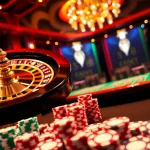 S8 casino scene capturing the thrill of roulette and poker, showcasing vibrant chips in action.