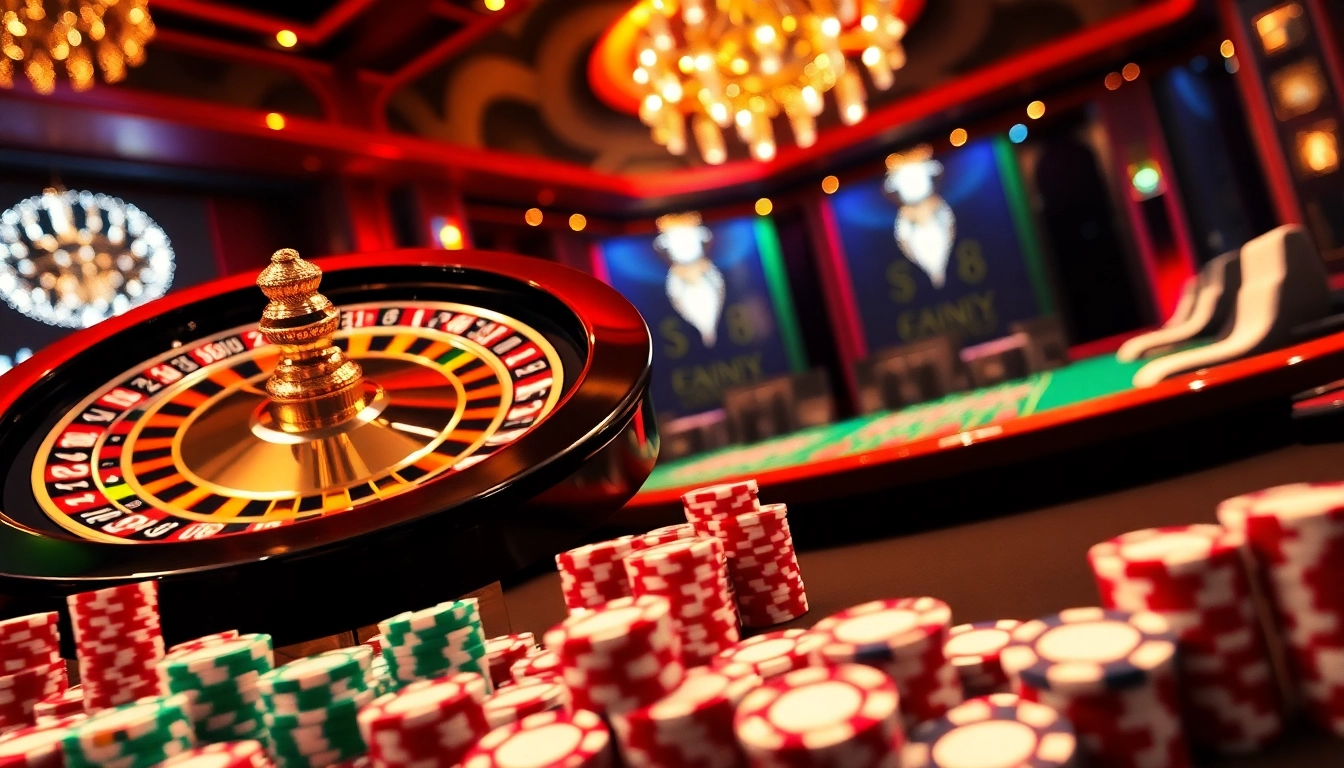 S8 casino scene capturing the thrill of roulette and poker, showcasing vibrant chips in action.