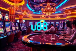 Exciting u88 online gaming scene with vibrant casino tables and players engaging in action.