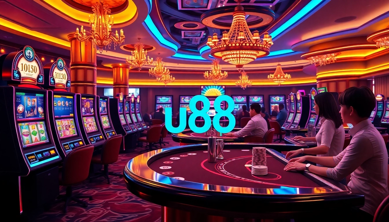 Exciting u88 online gaming scene with vibrant casino tables and players engaging in action.