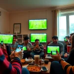 Fans enjoying okwintv trực tiếp bóng đá on multiple devices in a lively home atmosphere.