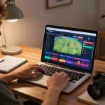 Engaged user analyzing betting stats on FC88 online gambling platform in a cozy home office.
