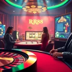 Gamblers enjoying their experience at RR88's vibrant casino atmosphere with roulette and slot machines.
