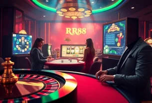 Gamblers enjoying their experience at RR88's vibrant casino atmosphere with roulette and slot machines.