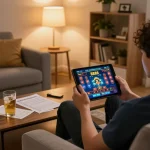 Player enjoying the RR88 online casino experience on a tablet from home, capturing strategic gameplay.