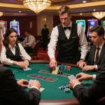 Engaging blackjack gameplay at a luxury casino, featuring players focused on their strategies and colorful da88 chips.