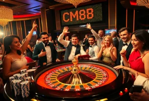 Gambling at a vibrant casino roulette table with CM88 prominently featured.