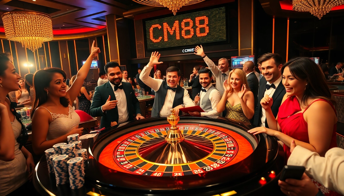 Gambling at a vibrant casino roulette table with CM88 prominently featured.
