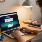Engaging online gambling experience with RR88 poker on laptop and strategic books at home.