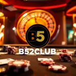 B52CLUB logo shining on a vibrant casino table filled with poker chips and cards, capturing the thrill of gambling.