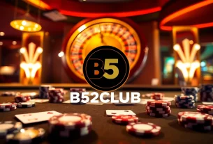 B52CLUB logo shining on a vibrant casino table filled with poker chips and cards, capturing the thrill of gambling.