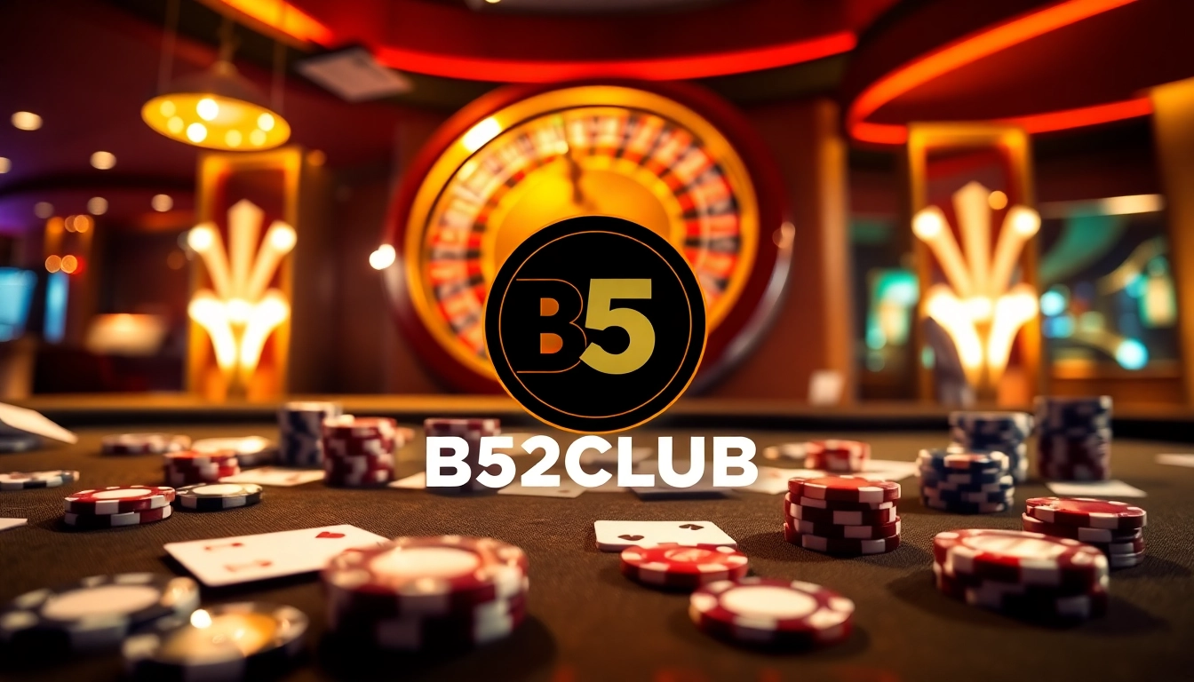B52CLUB logo shining on a vibrant casino table filled with poker chips and cards, capturing the thrill of gambling.