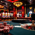 B52CLUB offers an exciting view of a luxurious casino scene with vibrant poker chips, roulette wheels, and slot machines.