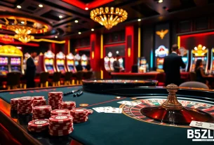 B52CLUB offers an exciting view of a luxurious casino scene with vibrant poker chips, roulette wheels, and slot machines.