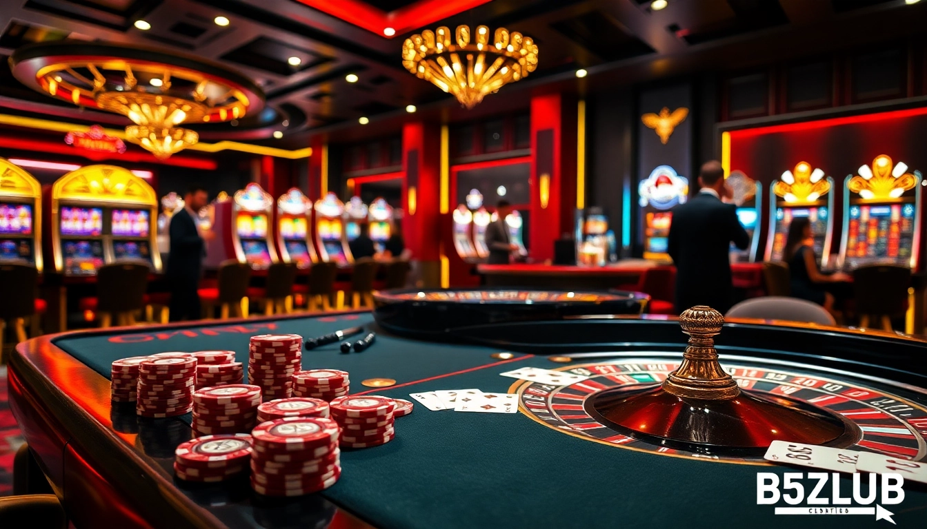 B52CLUB offers an exciting view of a luxurious casino scene with vibrant poker chips, roulette wheels, and slot machines.