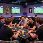 Friends enjoying a lively debet betting experience in a modern sports lounge with screens showing live events.
