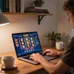 Player enjoying sc88 online gaming at home, focused on laptop with poker interface.