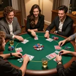 Friends enjoying a lively poker game at home with Red88-themed beverages and snacks.