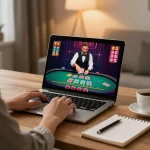 GG88 player engages in live dealer games from a cozy home setup, depicting a strategic gaming moment.
