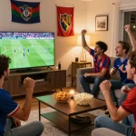 Fans cheering and enjoying ดูบอล in a lively living room during a football match, snacks on the table, vibrant atmosphere.