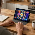 Engaging with EQ9 casino on tablet while enjoying responsible gambling in a cozy home.