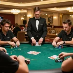 KJC players engaged in a high-stakes poker game, showcasing intense strategies and winning moments in an upscale casino.