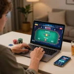 Playing poker on Me99 casino app from a cozy home setup.