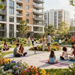 Five88 community featuring residents enjoying a vibrant urban garden with modern apartments.