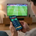 Experience trực tiếp đá bóng on a smartphone with real-time betting odds in a cozy home setting.