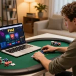 Player engaging in online casino games at F168 with laptop and poker chips on display in a cozy setting