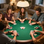 Engaged players strategizing at a home poker night with iwin club atmosphere, capturing friendly competition.
