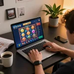 Engaged player exploring MMOO online casino on laptop while tracking betting strategies with coffee.