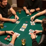 Players enjoying a thrilling poker night at home, showcasing F168's strategic gaming atmosphere