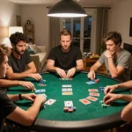 Friends enjoying an engaging poker game at home with vuabet88i, showcasing excitement and strategy.