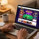 Engaged player exploring TRANG CHỦ 88FC on laptop in a cozy home setup, highlighting online casino vibes.